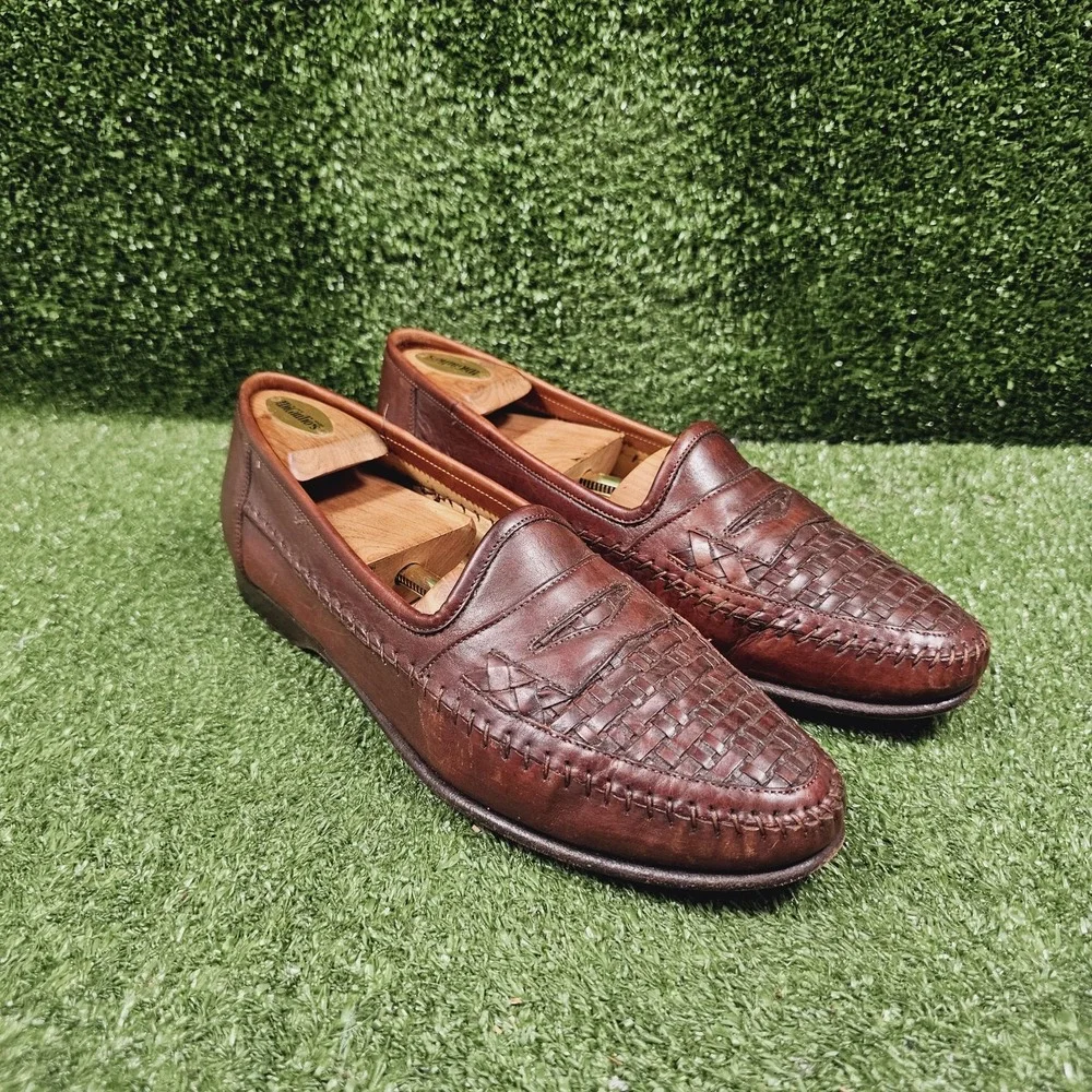 Santoni Woven Brown Leather Slip On Dress Penny Loafers Mens Size 9.5